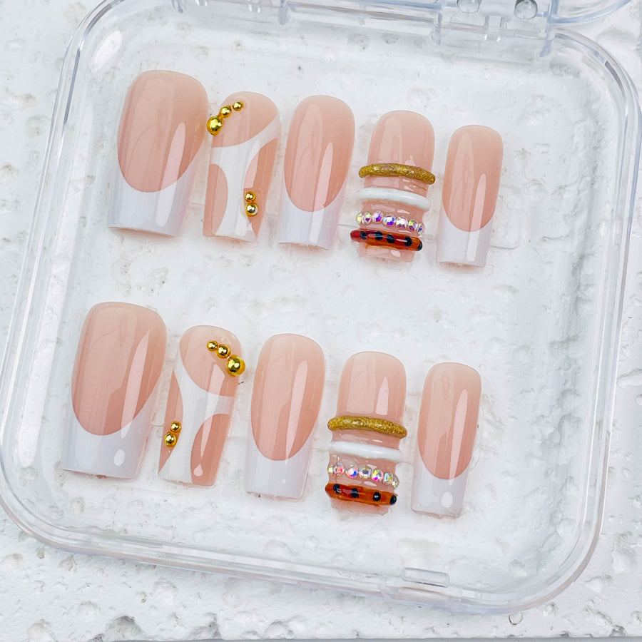 GAGUGAGU Nude Pearl Bow and Gold Band Press-On Nails for Date Night, Glossy False Nails for Birthday Party, Date Night and Weekend Style, S M L