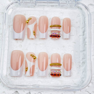 GAGUGAGU Nude Pearl Bow and Gold Band Press-On Nails for Date Night, Glossy False Nails for Birthday Party, Date Night and Weekend Style, S M L