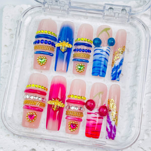 GAGUGAGU Colorful Stripe Graphic Press-On Nails for Festival Season, Glossy False Nails for Birthday Party, Date Night and Weekend Style, S M L