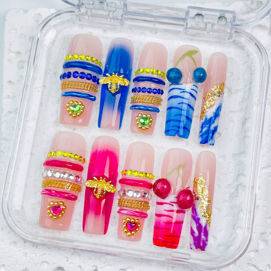 GAGUGAGU Colorful Stripe Graphic Press-On Nails for Festival Season, Glossy False Nails for Birthday Party, Date Night and Weekend Style, S M L