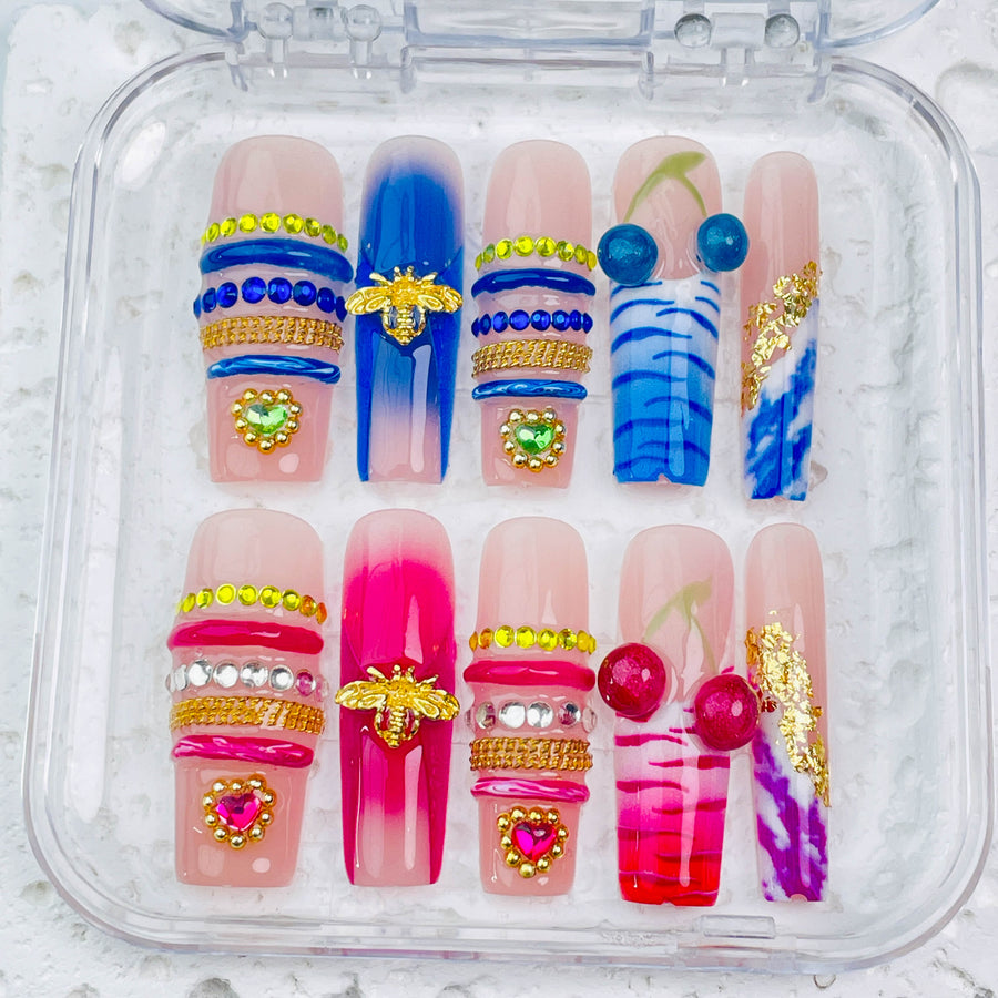 GAGUGAGU Colorful Stripe Graphic Press-On Nails for Festival Season, Glossy False Nails for Birthday Party, Date Night and Weekend Style, S M L