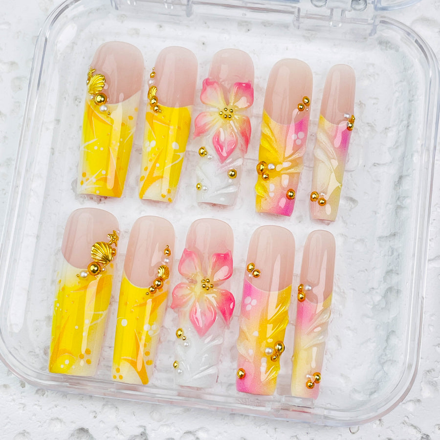 GAGUGAGU Yellow Pink Watercolor Press-On Nails for Summer Wedding, Glossy False Nails for Birthday Party, Date Night and Weekend Style, S M L