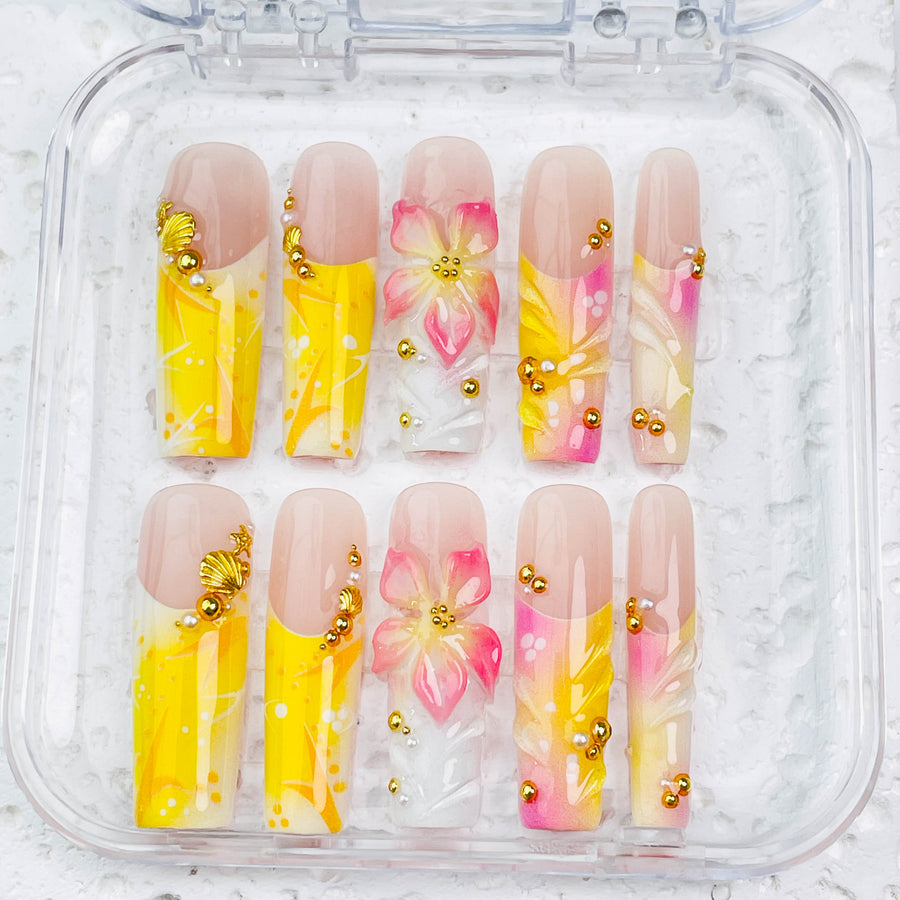GAGUGAGU Yellow Pink Watercolor Press-On Nails for Summer Wedding, Glossy False Nails for Birthday Party, Date Night and Weekend Style, S M L