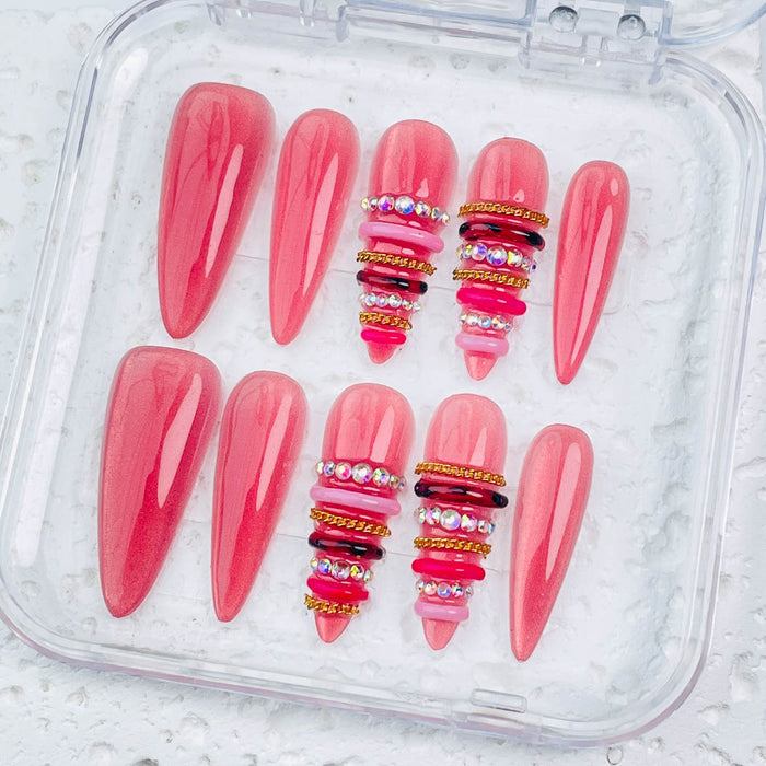 GAGUGAGU Red Heart Stiletto Press-On Nails for Valentine Date, Glossy False Nails for Birthday Party, Date Night and Weekend Style, S M L