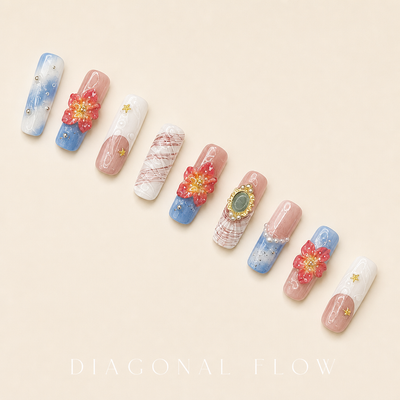 Medium Square Press On Nails - Blue star glitter nails, 3d rh...