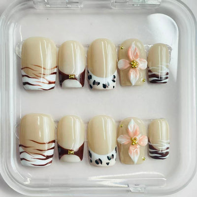 Medium Square Press On Nails - White pearl heart nails, 3d rh...