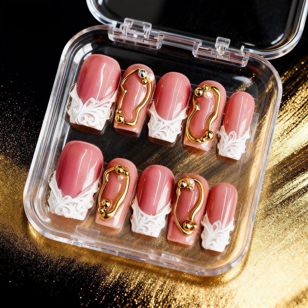 Medium Square Press On Nails - Pink french tip nails, 3d rhin...