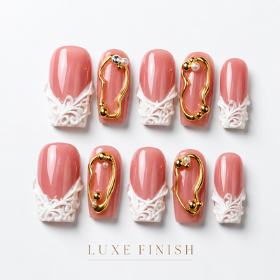 Medium Square Press On Nails - Pink french tip nails, 3d rhin...