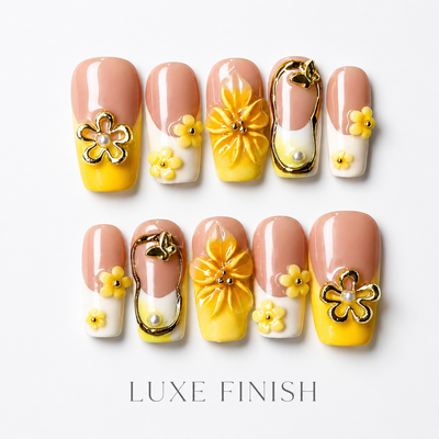 Medium Square Press On Nails - Orange bow design nails, 3d rh...