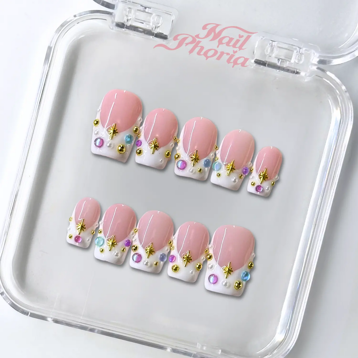 Medium Square Press On Nails - Nude pearl heart nails, 3d rhi...