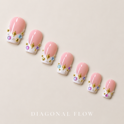 Medium Square Press On Nails - Nude pearl heart nails, 3d rhi...