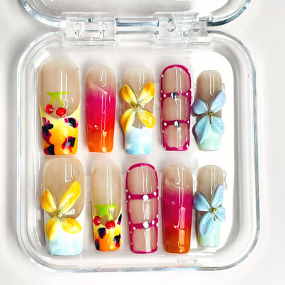 Medium Square Press On Nails - Rainbow 3d floral nails, 3d rh...