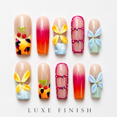 Medium Square Press On Nails - Rainbow 3d floral nails, 3d rh...