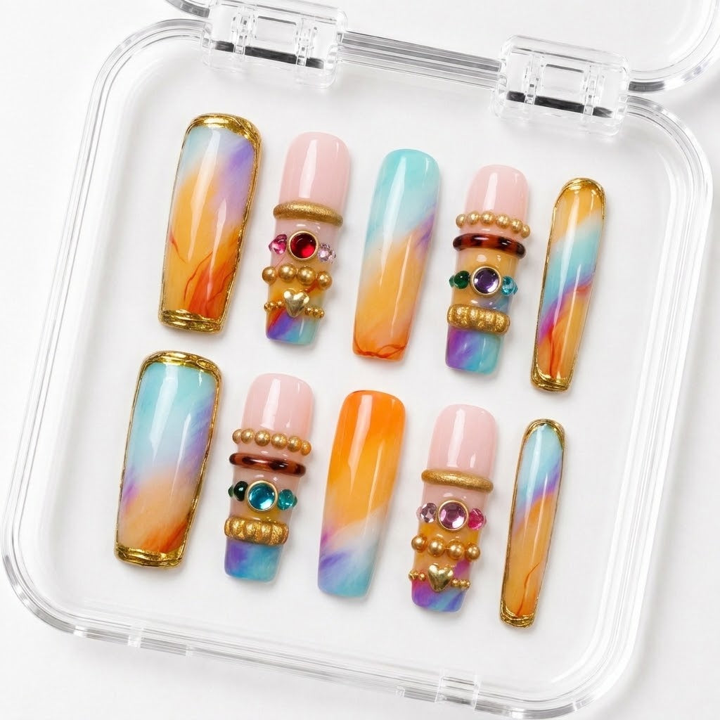 GAGUGAGU Sunset Rainbow French Tip Press-On Nails for Beach Vacation, Glossy False Nails for Birthday Party, Date Night and Weekend Style, S M L