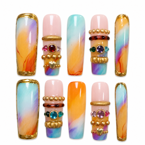 GAGUGAGU Sunset Rainbow French Tip Press-On Nails for Beach Vacation, Glossy False Nails for Birthday Party, Date Night and Weekend Style, S M L