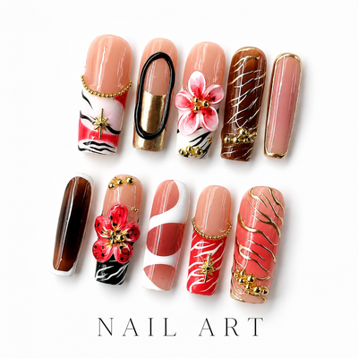 Medium Square Press On Nails - Blue 3d floral nails, 3d rhine...