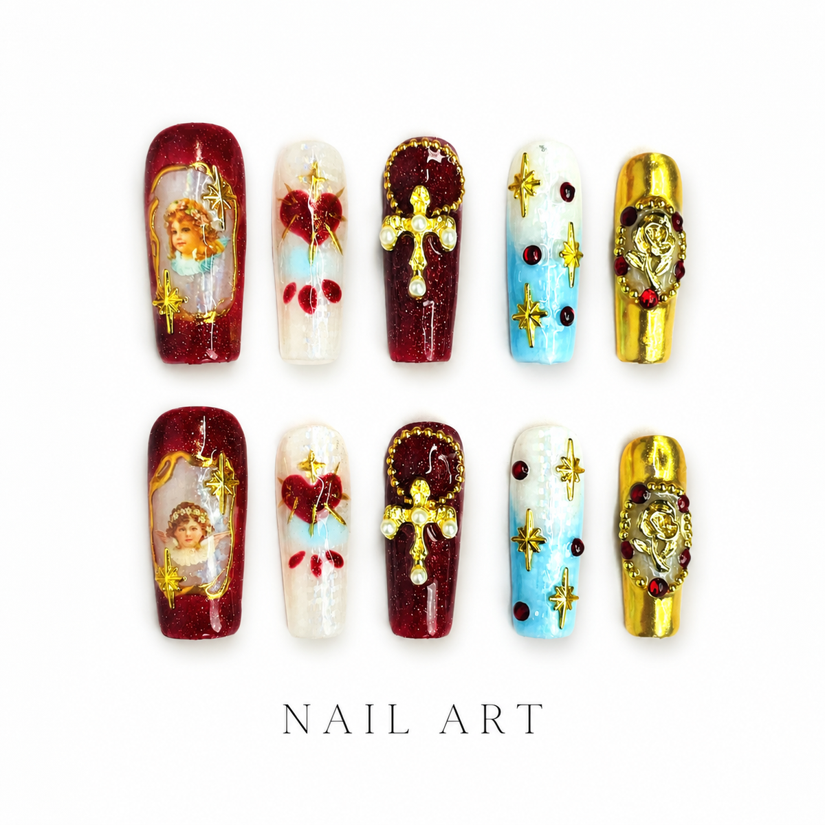 Medium Square Press On Nails - Nude pearl heart nails, 3d rhi...