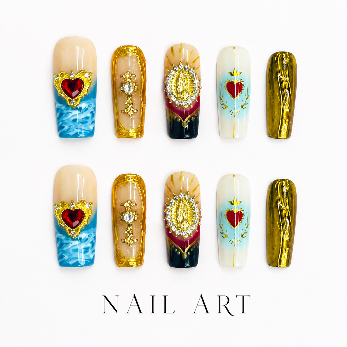 Medium Square Press On Nails - Green bow design nails, 3d rhi...