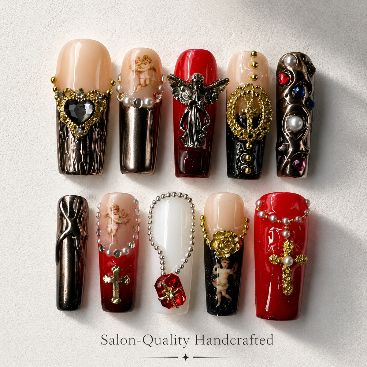 Medium Square Press On Nails - Purple pearl heart nails, 3d r...