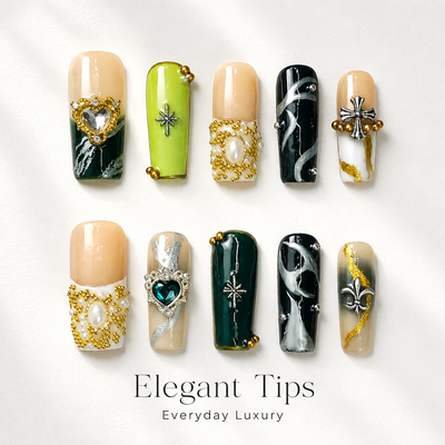 Medium Square Press On Nails - Green marble pattern nails, 3d...