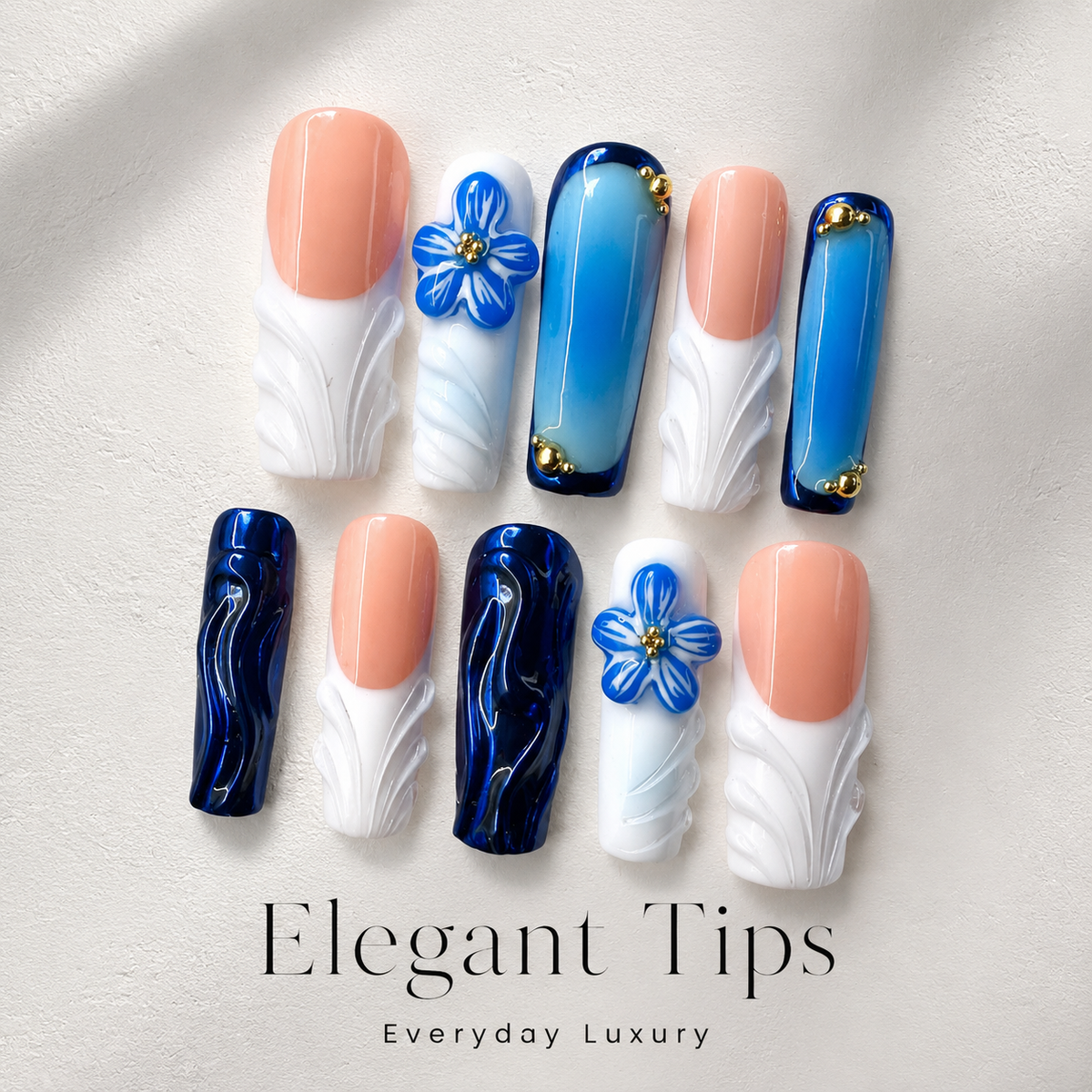 Medium Square Press On Nails - Black marble pattern nails, 3d...