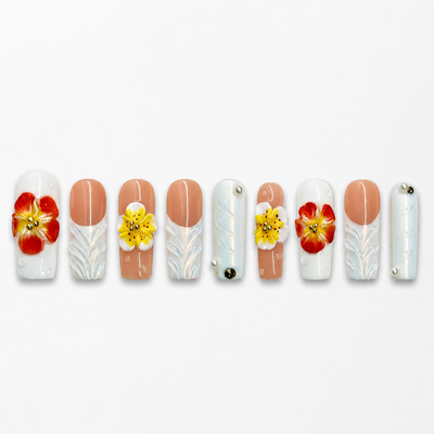 Medium Square Press On Nails - Handcrafted 3D Floral French Tip