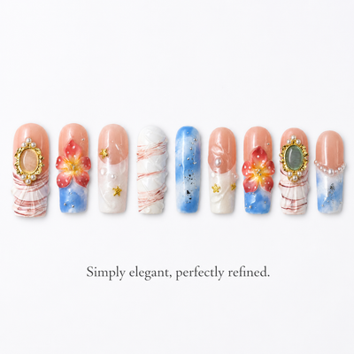 Medium Square Press On Nails - 3d flower art with rhinestone ch...