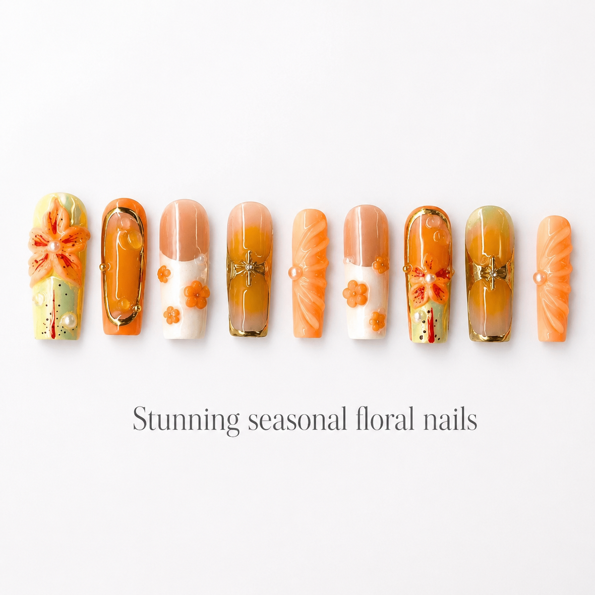 Medium Square Press On Nails - Orange Floral 3D Pearl Gold Design