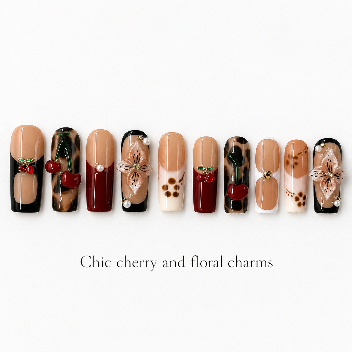 Medium Square Press On Nails - Fake nails with 3d floral charms, ch...