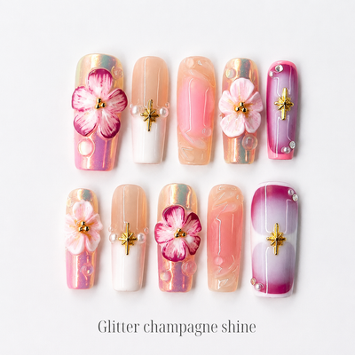 Medium Square Press On Nails - Floral fake nails with 3d flowers...
