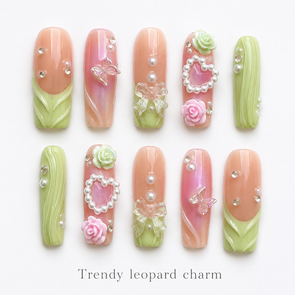 Medium Square Press On Nails - Pink and green floral acrylic na...