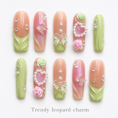 Medium Square Press On Nails - Pink and green floral acrylic na...