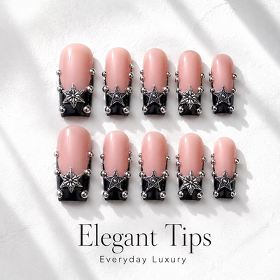 Medium Square Press On Nails - Black and nude french tip...