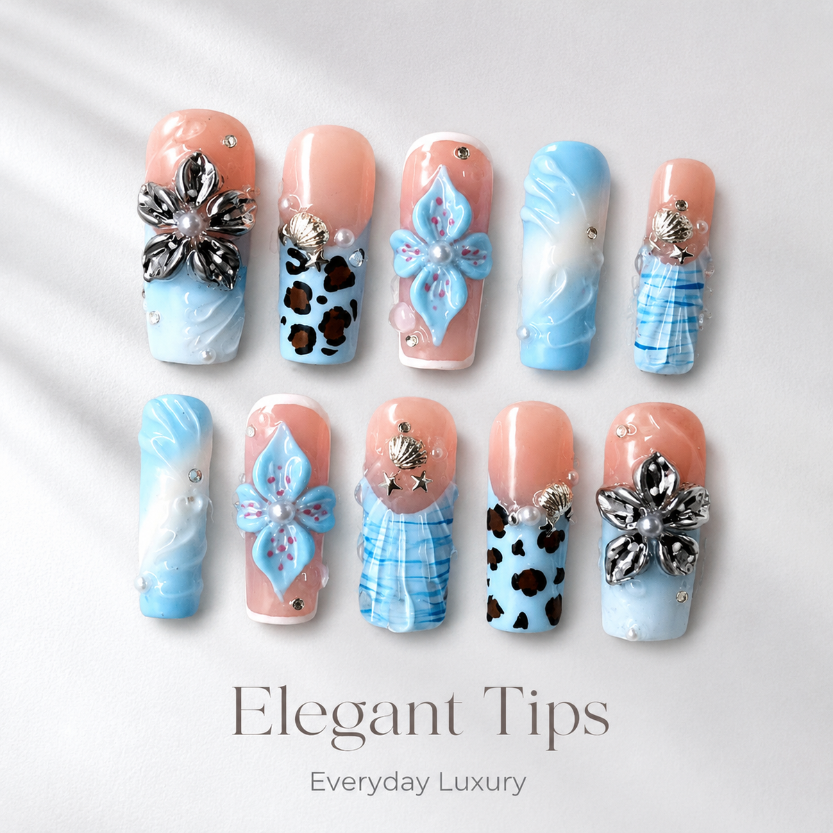 Medium Square Press On Nails - 3d flower charms and rhinestone...
