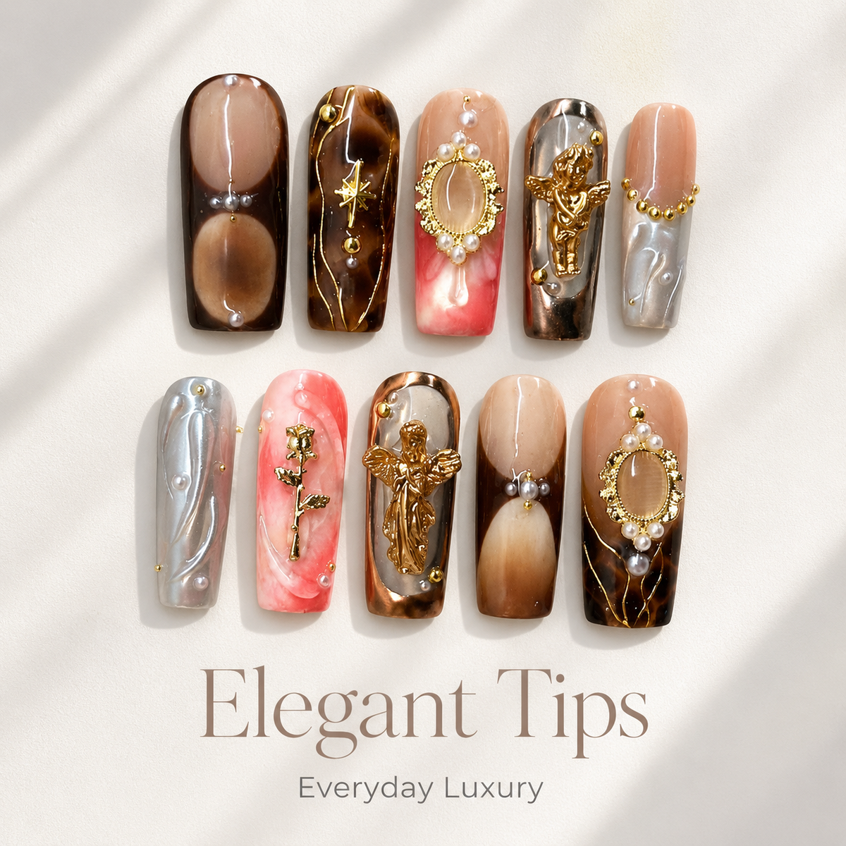 Medium Square Press On Nails - Luxury 3d charms with gold angel...