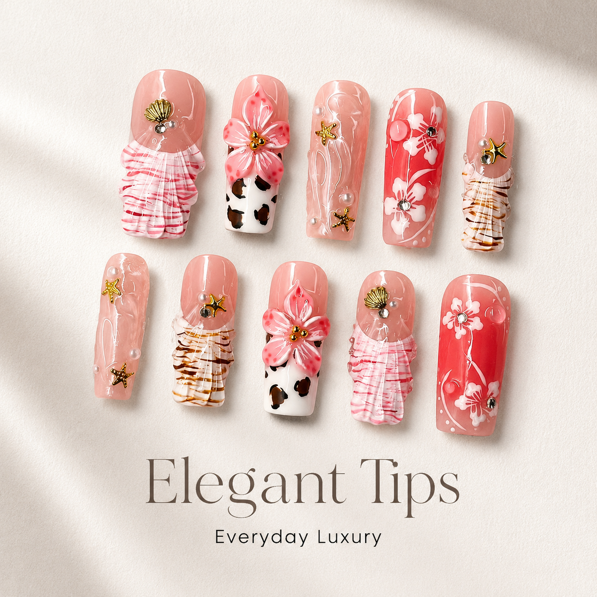 Medium Square Press On Nails - Luxury 3d flower nail art...