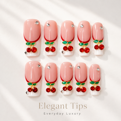 Medium Square Press On Nails - French tip design with 3d...
