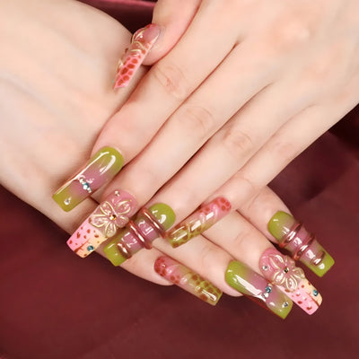 Medium Square Press On Nails - Long square fake nails with 3d flowe...