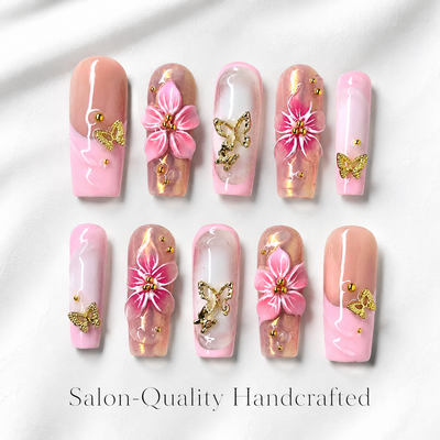Medium Square Press On Nails - Pink French Tip Gold Butterfly