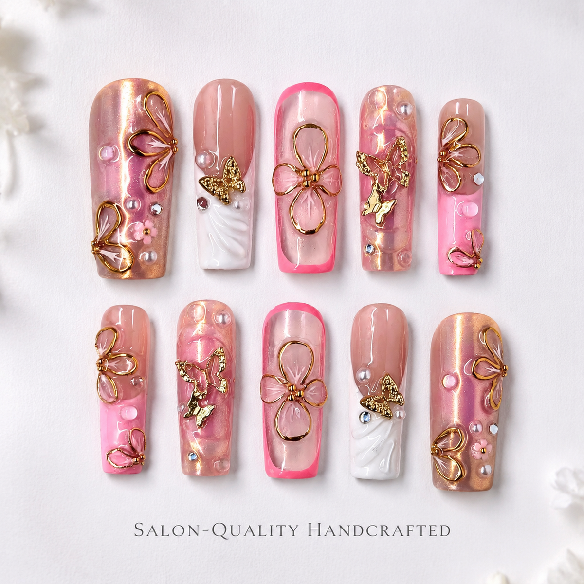 Medium Square Press On Nails - Luxury pink chrome nails with 3d...