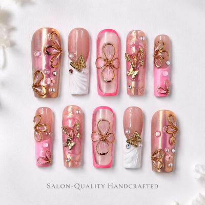 Medium Square Press On Nails - Luxury pink chrome nails with 3d...