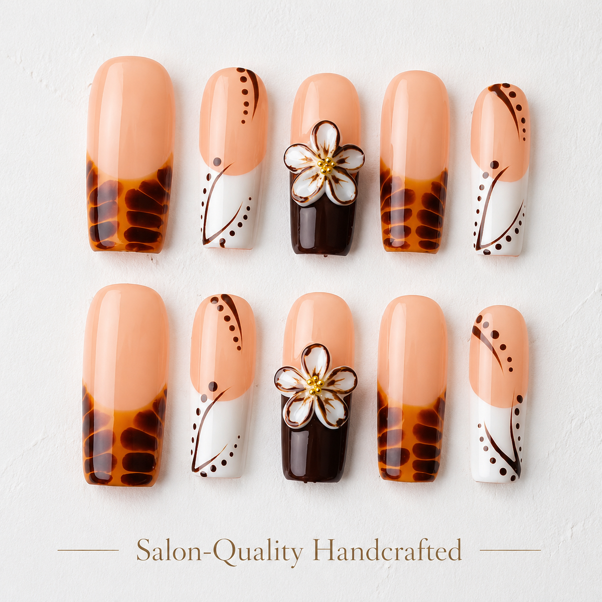 Medium Square Press On Nails - False nails with 3d flower decoratio...