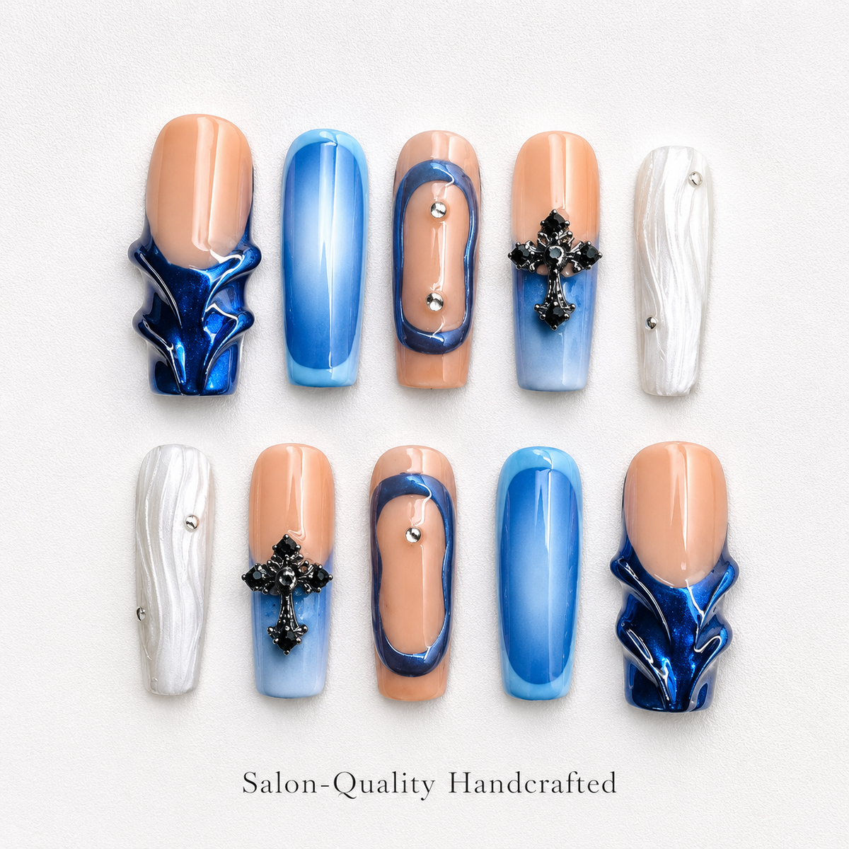 Medium Square Press On Nails - Handcrafted blue ombre gothic na...