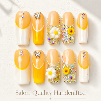 Medium Square Press On Nails - Rainbow rhinestone flower nail...