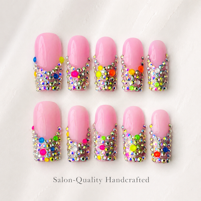 Medium Square Press On Nails - Pink french tip nails, 3d rhin...