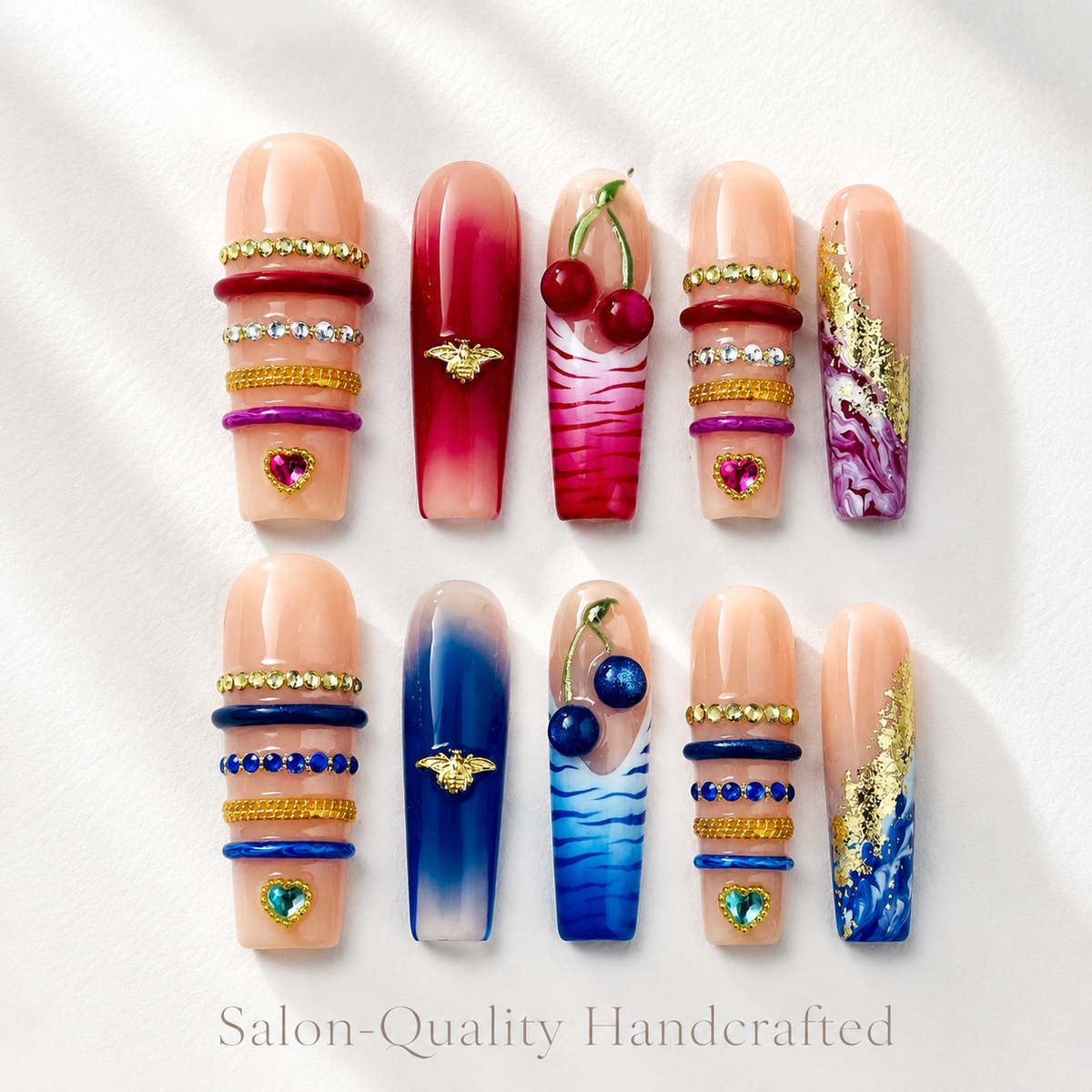 Medium Square Press On Nails - Blue 3d floral nails, 3d rhine...