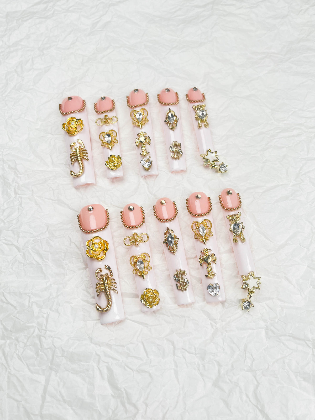 Medium Square Press On Nails - Blue french tip nails, 3d rhin...