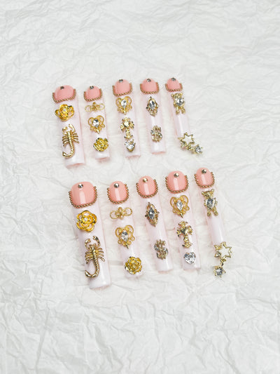 Medium Square Press On Nails - Blue french tip nails, 3d rhin...