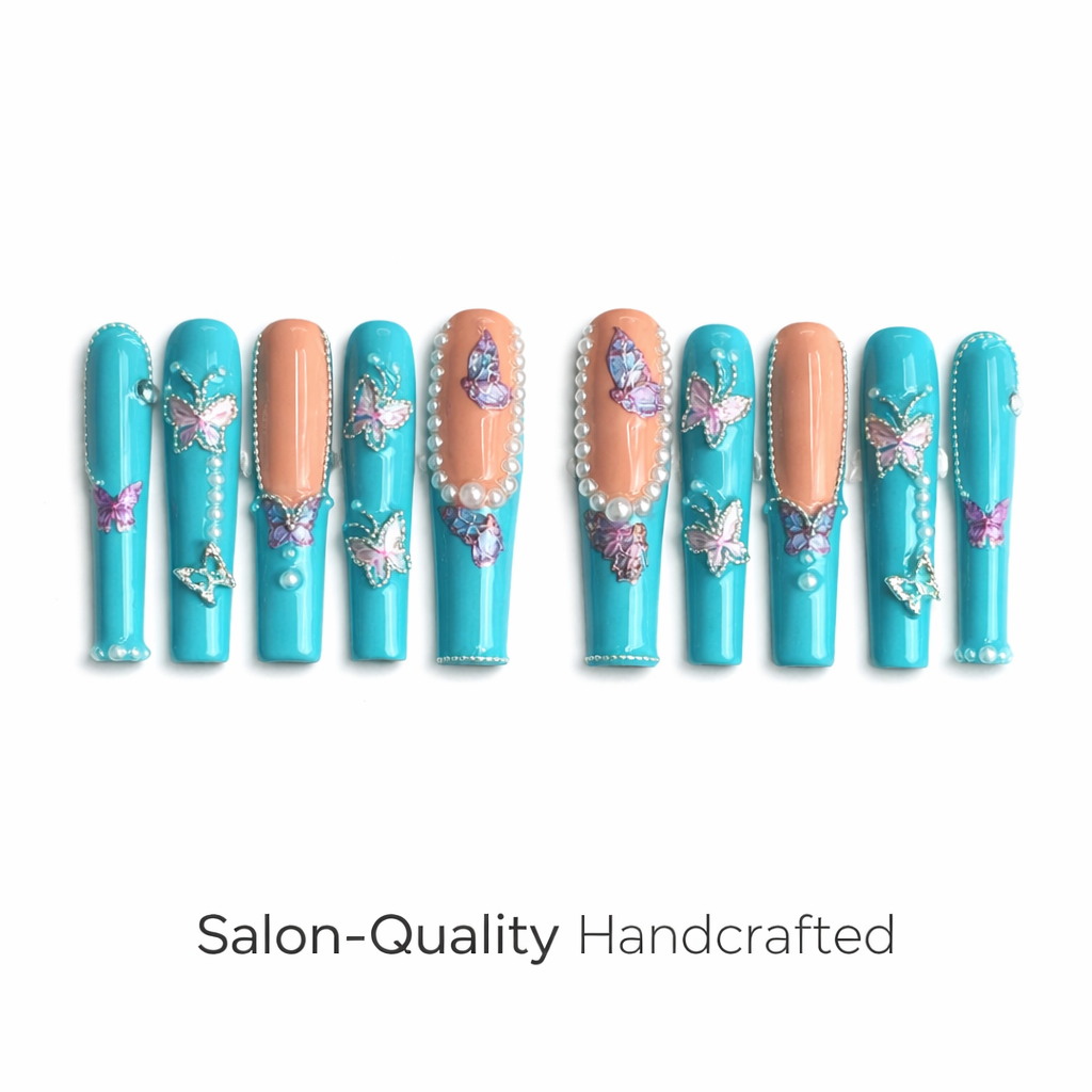 Medium Square Press On Nails - Nude pearl heart nails, 3d rhi...
