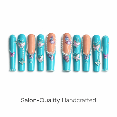 Medium Square Press On Nails - Nude pearl heart nails, 3d rhi...
